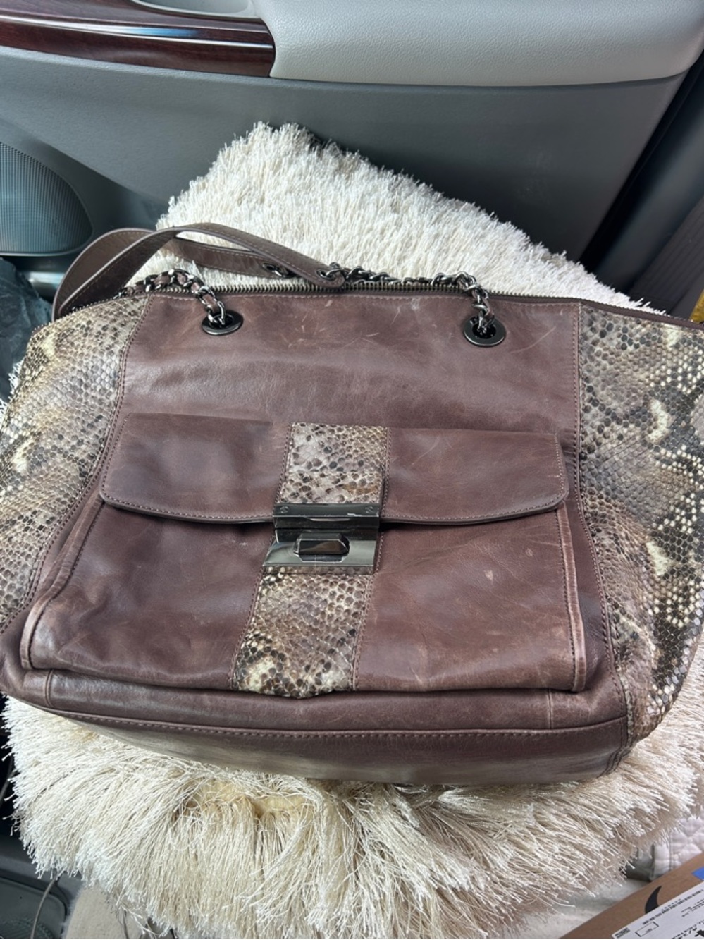 Badgley Mischka Brown Leather and Snake Print Messenger Bag
